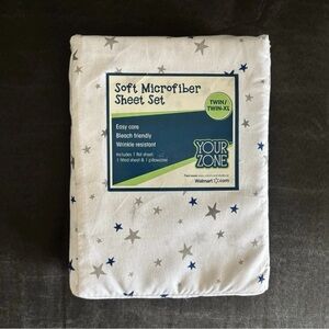 Your Zone Soft Microfiber Twin Sheet Set in White with Blue & Gray Stars